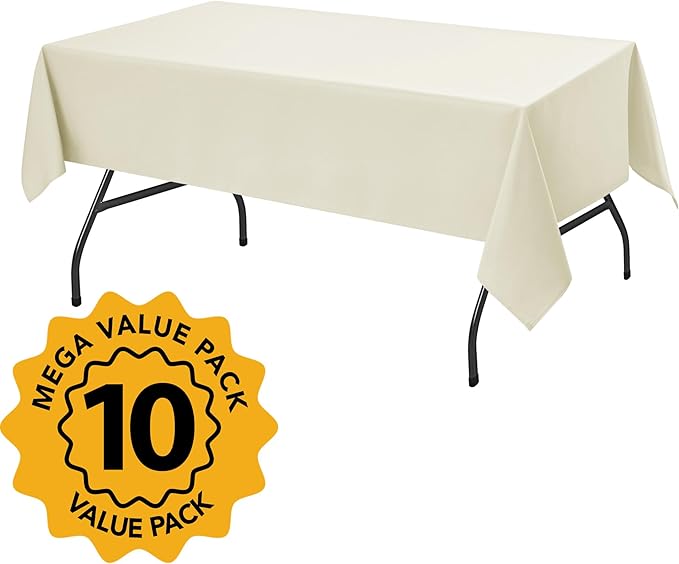 10-Pack Ivory Tablecloths for Rectangle Tables, 54 x 108 Inches, Stain-Resistant Polyester Fabric for 6 Foot Tables - Washable Table Covers for Weddings, Banquets, Birthday Parties, Events
