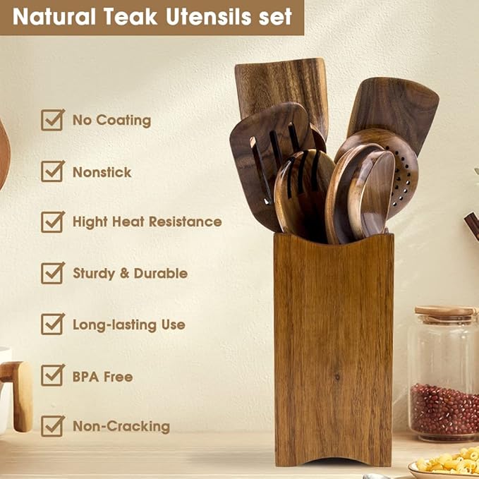 Premium 8-Piece Teak Wood Cooking Utensil Set - Heat Resistant, Lightweight & Sturdy Wooden Spoons for Non-Stick Cookware - Ideal for Cooking, Stirring & Serving