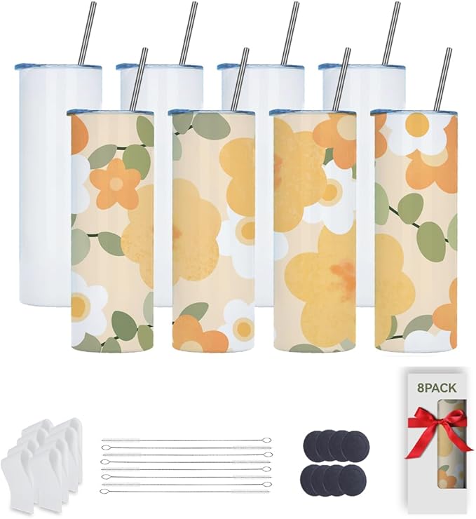 8 Pack 20oz Sublimation Tumblers Bulk, Sublimation Tumbler Blank, Skinny Straight Stainless Steel Blanks Cups with Individual Box (8, 20OZ)