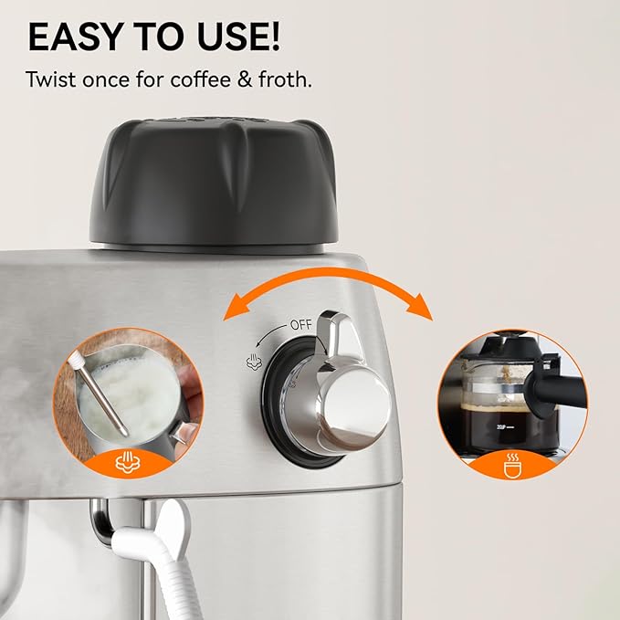 Queyd 3.5 Bar 4 Cup Espresso Cappuccino Machine, Stainless Steel Espresso Machine, Compact Expresso Machines for Home, Latte and Cappuccino Machine with Milk Frother, Dual Safety Switches, 800W