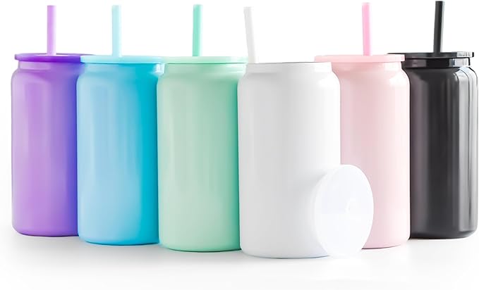6 Pack Glass Cups with Lids and Straws Unbreakable 16 oz Stainless Steel Can Cup Double Wall Insulated Beer Can Tumbler for Iced Coffee, Juice, Soda, Bright-Colored