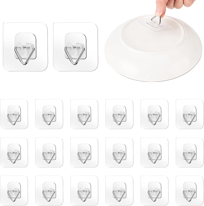 Bilillo 20 Pack Invisible Adhesive Wall Plate Hangers, 2.3 Inch Plastic Plate Holders for Decorative Plates, Photo Frames, and Wall Art Display