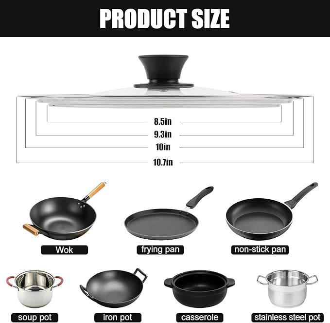 Universal Lid for Pots, Pans and Skillets, Fits 9, 10 and 10.5 Inch Cookware, Replacement Frying Pan Cover with Tempered Glass Top, Stainless Steel Cast Iron Skillet Lids - Heat Resistant Handle