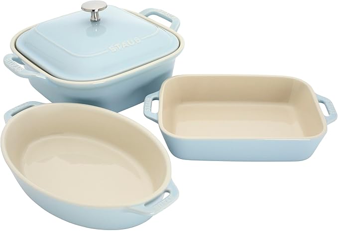 Staub Ceramic 4-pc Baking Pans Set, Casserole Dish with Lid, Brownie Pan, Light Blue