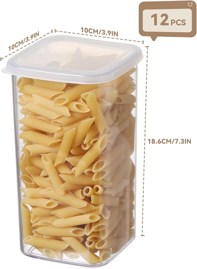 novelinks Clear Plastic Jars with Lids, Reusable Empty Square Storage Containers for Household and Kitchen Organizing (12 Pack Large)