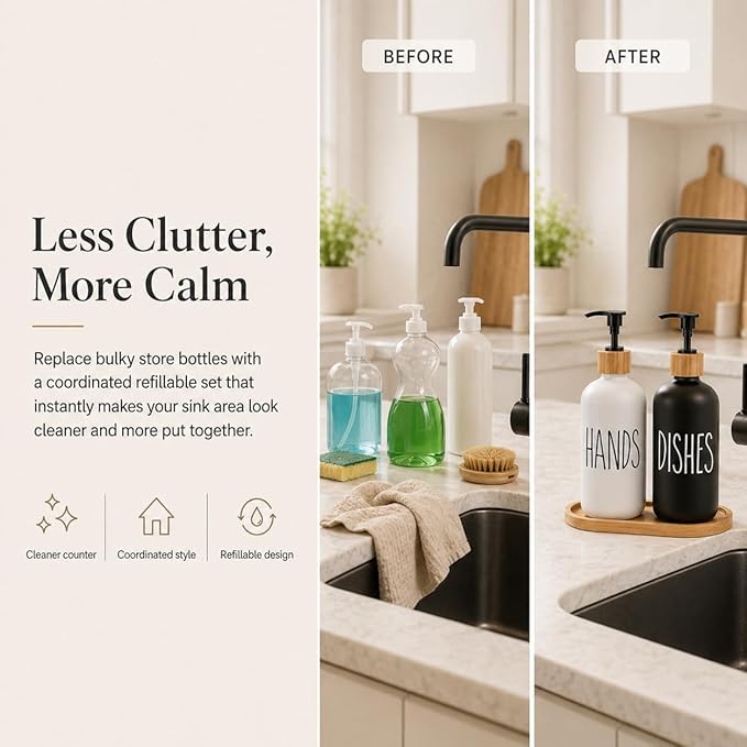 Dish Soap Dispenser for Kitchen Sink.Glass Hand Soap Dispenser, Modern Farmhouse Decorfor Bathroom,Kitchen Sink Decor