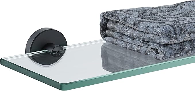 JQK Bathroom Glass Shelf Black, Tempered Glass Shower Storage 14 by 5 inches, 304 Stainless Steel Matte Black Wall Mount, TGS101L14-PB