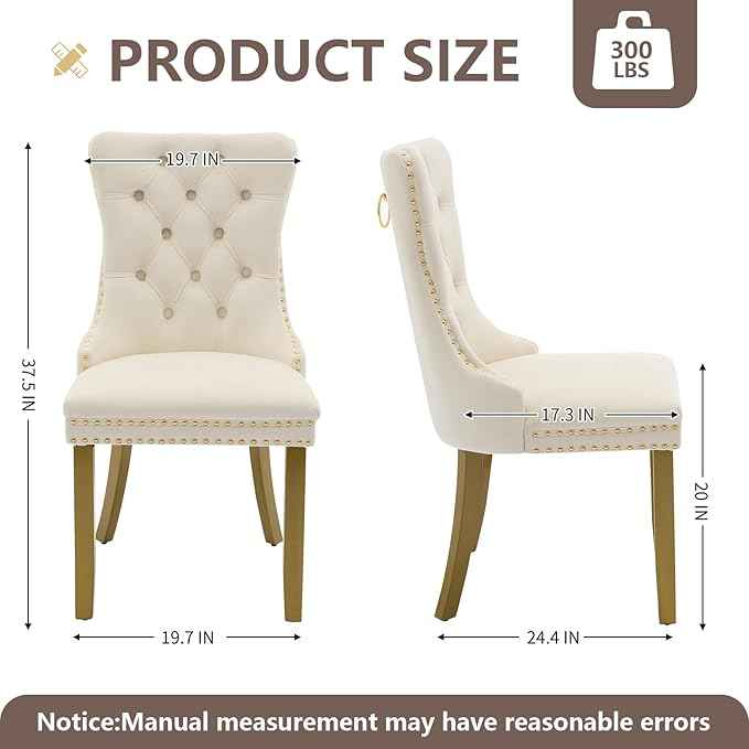 Velvet Dining Chairs Set of 4, Kitchen & Dining Room Chairs, Upholstered Dining Chairs with Back Ring Pull and Golden Solid Wood Legs, Modern Tufted Kitchen Chairs for Dining Room, Cream