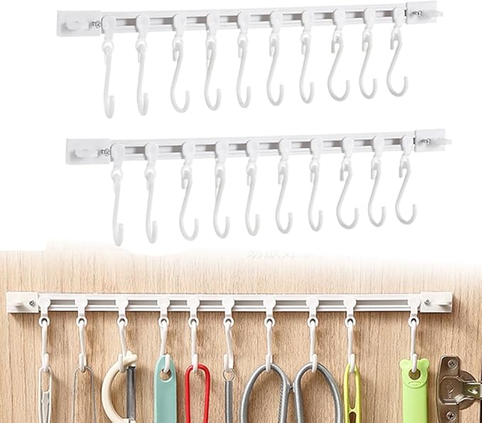 Multifunctional Slide Rail Hook,Kitchen Utensil Hanging Rack Wall Mounted Hanger,Space Saving Utensil Holder with 10 Hooks ,Sliding Track Hook No Drilling Hanger for Home Office (Length 30cm/2pcs)