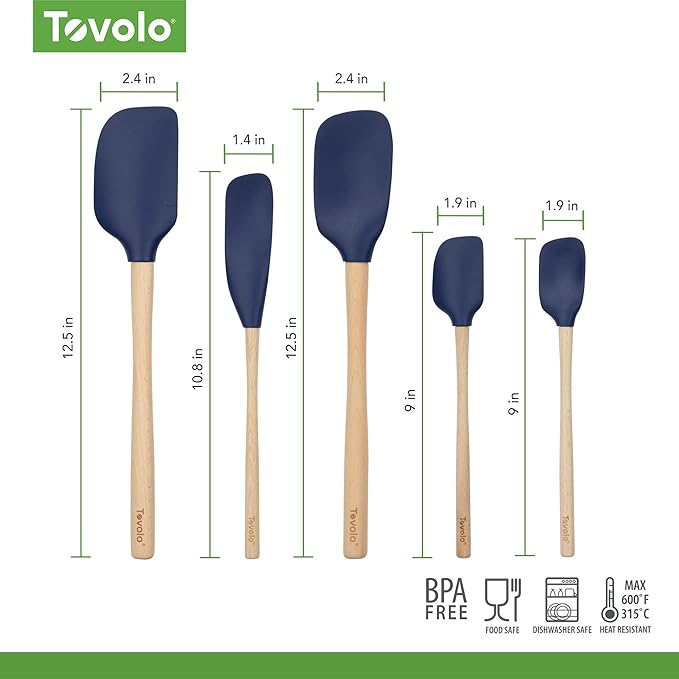 Tovolo Silicone Spatula with Wooden Handle Set of 5 Piece Silicone Kitchen Utensil Set Spoonula Jar Scraper Mini Spatula and Spoonula for Cooking Baking Mixing Folding Deep Indigo