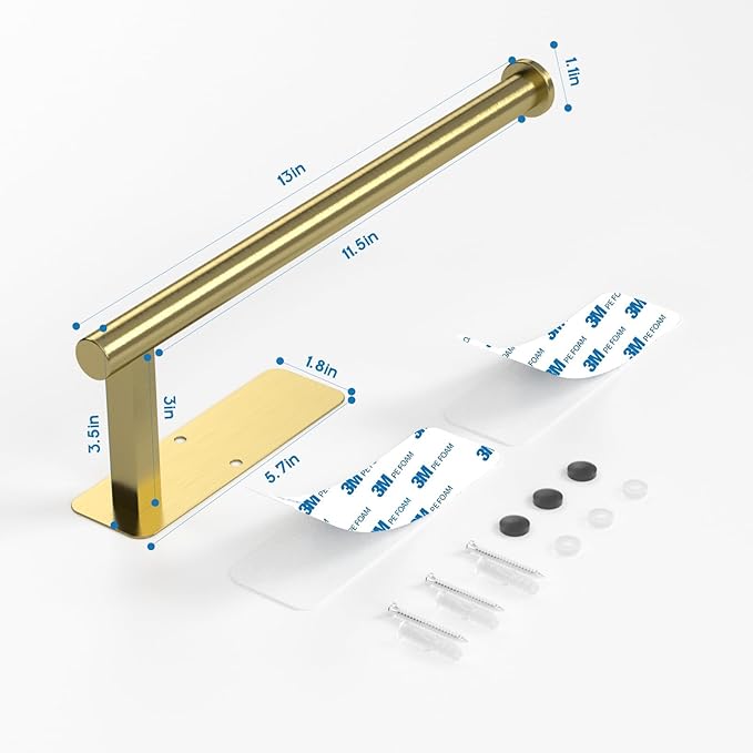 ASTOFLI Paper Towel Holder Under Cabinet No Drilling, Self Adhesive Paper Towel Holder Wall Mount for Kitchen Rack, Under Counter Napin Holder No Drill, RV, 304 Stainless Steel, Gold Brass 2 Pack