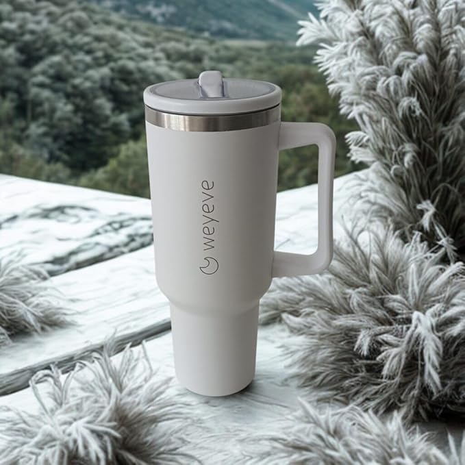 40oz Tumbler with Handle, Flip Straw, and Leak-Proof Lid – Stainless Steel Double Wall Insulated Travel Mug (Pure White)
