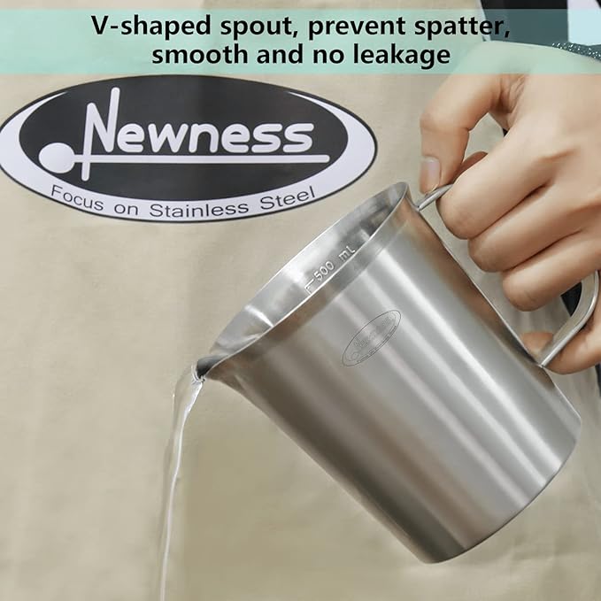 Newness Stainless Steel Measuring Cup, Metal Measuring Cup with Handle (Upgraded, 3 Marking Including Cup/ML/Ounce Scale), 16 Ounces (0.5 Liter, 2 Cup) (Pack of 2)