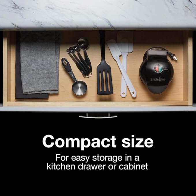 Proctor Silex Mini Waffle Maker Machine with 4” Round Non-stick Grids, Make Personalized Individual Breakfast Keto Chaffles and Hashbrowns, Compact, Black (26100)