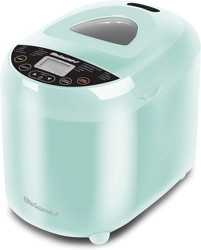 Elite Gourmet Programmable Bread Maker, 2 lb Loaf, 3 Sizes, 19 Presets incl. Gluten-Free, Dough & Jam, Delay Timer, Mint
