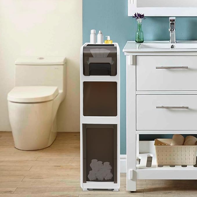 Slim Waterproof Narrow Bathroom Cabinet with Trash Bin Compact Design with Drawers and Toilet Paper Holder Movable Bathroom Organizers for Small Spaces (3Tier/25.2in H)