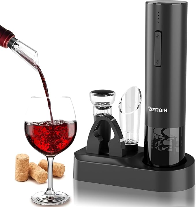 Electric Wine Opener Gift Set – Rechargeable Automatic Corkscrew with Aerator, Vacuum Seal Stoppers, Foil Cutter & Storage Base – 6-in-1 Wine Bottle Opener Kit for Wine Lovers, Women & Men