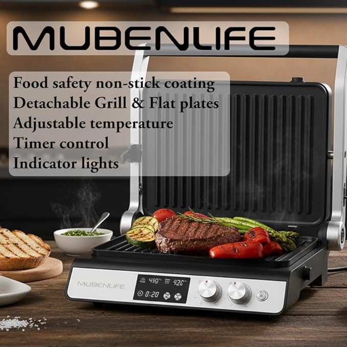 Panini Press,4 Slices Contact Grill with Removable Non-Stick Coated Grill and Flat Plates,Panini Makers with Temperature Control and Timer,Open 180 Degrees,Grill and Griddle (Half black with digital)