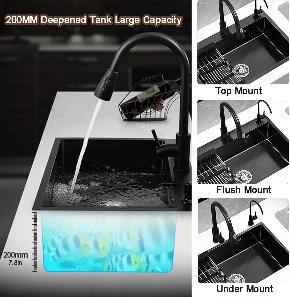 Black Drop in Kitchen Sink, Stainless Steel Single Bowl Sink with 3 Holes, Topmount Workstation Sink, Farmhouse Rectangle Basin with Multiple Accessories (31.5 * 19.7 * 7.9in)