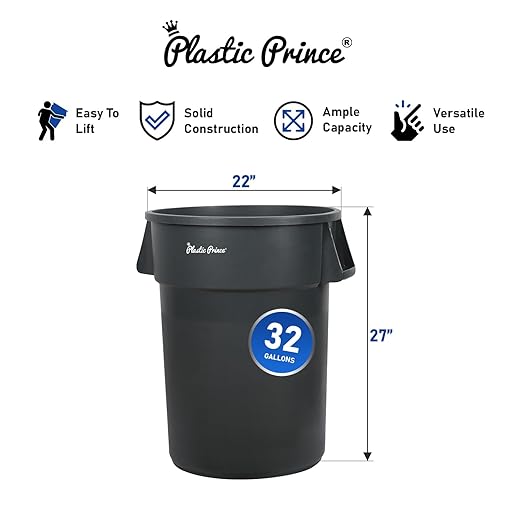PLASTIC PRINCE 32 Gallon Round Trash Can Container with Lid Gray Plastic Commercial Garbage Bin for Home Garage Restaurants Warehouses