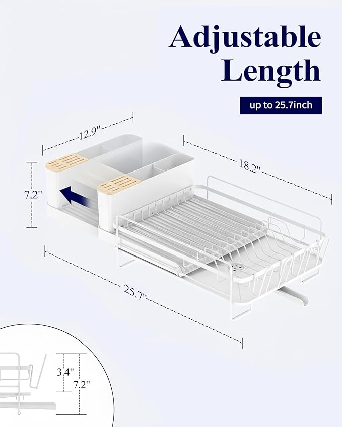 Kitsure Extendable Dish Drying Rack, Large Drying Dish Rack with Cutlery & Cup Holders, Multifunctional Dish Racks for Counter with Drainage, 18.2"-25.7" L x 12.9" W, White