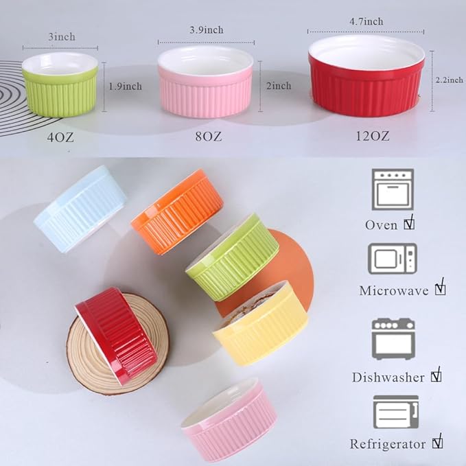 Ramekins 8oz,Ramekins for Creme Brulee and Souffle Dishes,Porcelain Oven Safe Baking Bowls,Pudding Cups,Dipping Sauce Dish,Set of 6,Color
