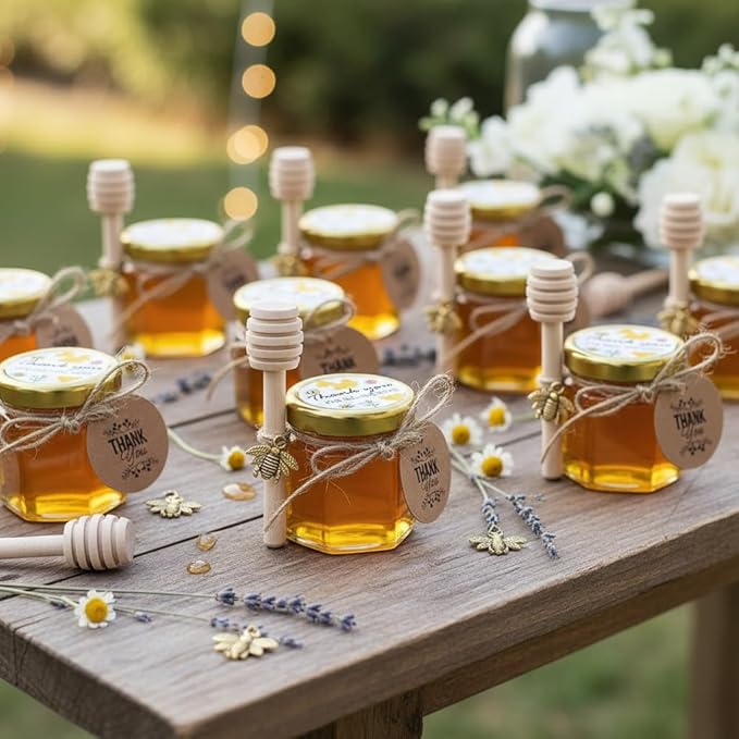 Adabocute 60 Pack Mini Honey Jars with Dipper - Honey Pot with Gold Lid, Bee Pendants, Jutes, Gift Bags and Stickers - For Baby Shower Wedding Favors