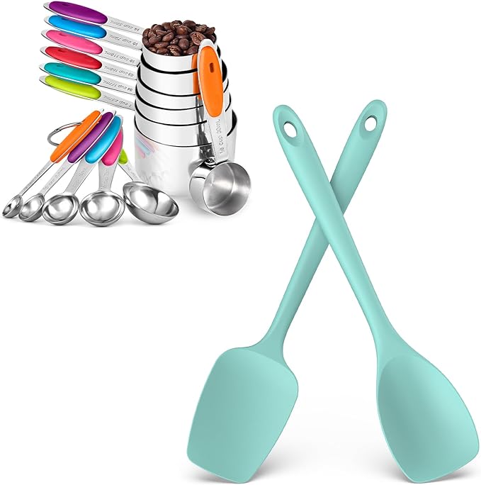U-Taste 18/8 Stainless Steel Measuring Cups and Spoons Set of 12 (Multi) and 600ºF Heat Resistat Silicone Flexible Baking Spoon Spatula & Cooking Scoop Spoonula (Aqua Sky)