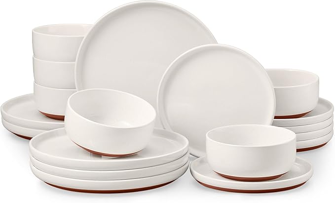 E-far 18-Piece Stoneware Dinnerware Sets, Plates and Bowls Sets for 6, Ceramic Dishware Dishes Set with Terracotta Base, Chip & Scratch Resistant, Microwave & Dishwasher Safe, Speckled White