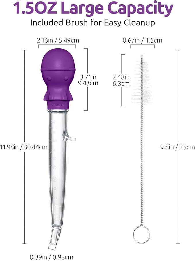 U-Taste 18/8 Stainless Steel Measuring Cups and Spoons Set of 10 Piece, Upgraded Thickness Handle and 1.5oz Heat Resistant Angled Turkey Baster with Cleaning Brush for Cooking Basting (Purple)