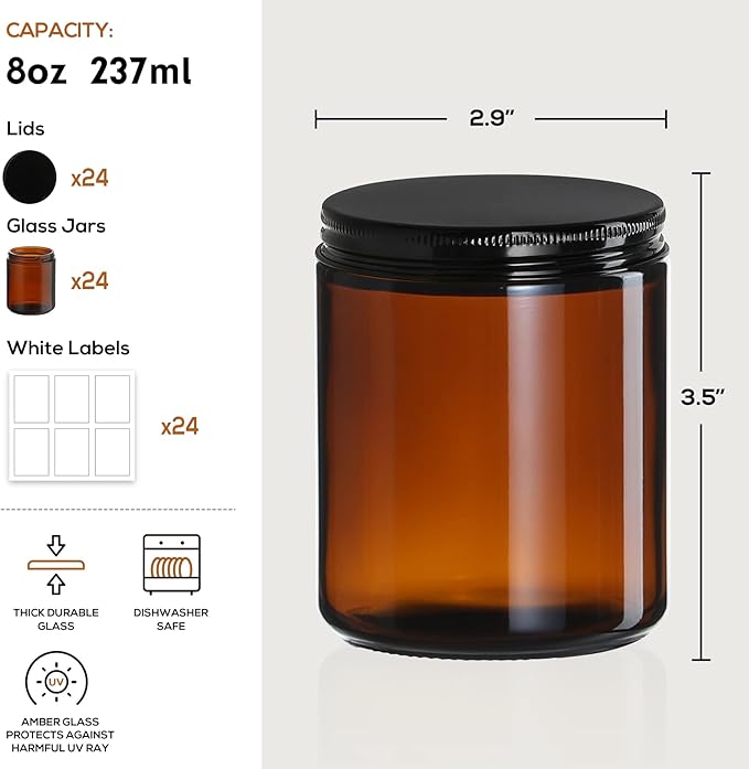 24 Pack, 8 OZ Thick Amber Candle Jars for Making Candle - Round Glass Jars with Lids - Empty Food Storage Containers, Canning/Mason Jar For Spice, Powder, Liquid, Sample - Leakproof & Food Grade