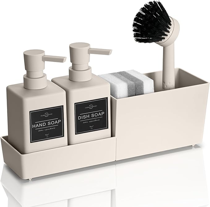 Kitchen Soap Dispenser Set with Sponge Holder and Brush for Sink Rack Hand Soap and Dish Soap Dispensers Beige 4-in-1