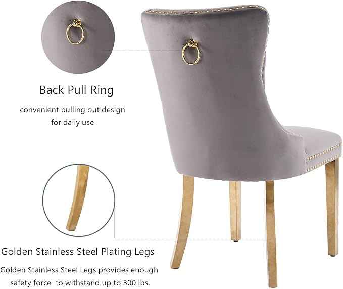 Gray Velvet Dining Chairs Set of 4, Upholstered Dining Room Chairs with Back Ring Pull Trim and Golden Stainless Steel Legs,Modern Kitchen Chairs for Dining Room,Living Room,Kitchen(Grey)