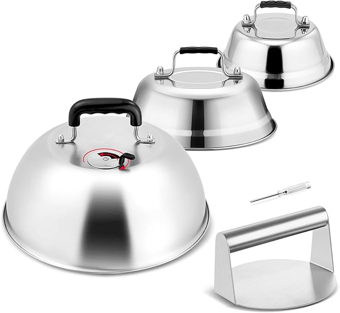 3Pcs Basting Cover & Smash Burger Press, Leonyo 12"- 9"- 6.5" Cheese Melting Dome, Stainless Steel Bacon Press Griddle Dome Steam Lids Smash Burger Kit for Kitchen, BBQ Flat Top Grill, Teppanyaki