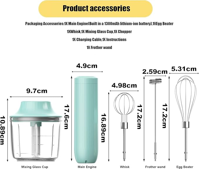 Hand Mixer with Whisk and Forther Wand,Electric Whisk, Milk Frother, Hand Held Mixers,Cordless Hand Mixer, Whisks for Cooking, Mini Mixer,Stirrers Electric,Food Chopper, Baby Food Maker,4-Speed, 10Oz