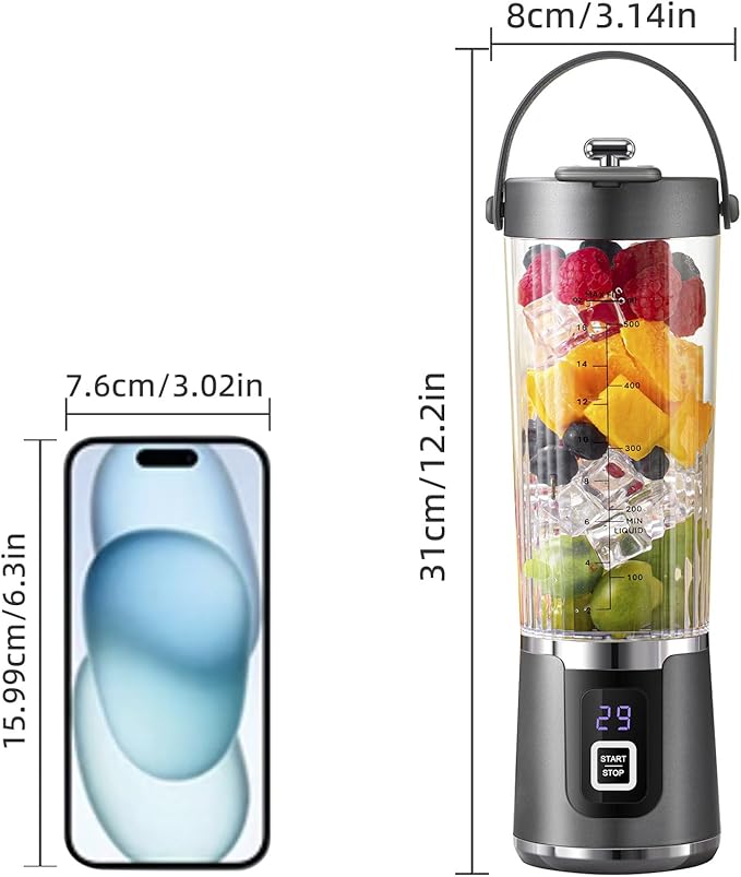 Portable Blender 500ml Cordless – 10 Steel Blades Mini Blender for Smoothies & Protein Shakes, Rechargeable Personal Crushes Ice/Frozen Fruit, Leakproof Travel Mug with Sip Spout