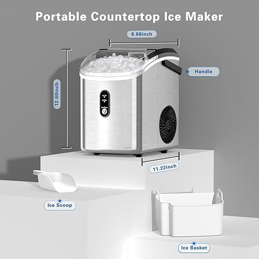 Antarctic Star Nugget Ice Maker Countertop with Handle, Stainless Steel, 35Lbs/24Hrs,7 Mins Ice Making, Pellet Ice Maker with Ice Basket/Ice Scoop for Home/Bar/Party/Office