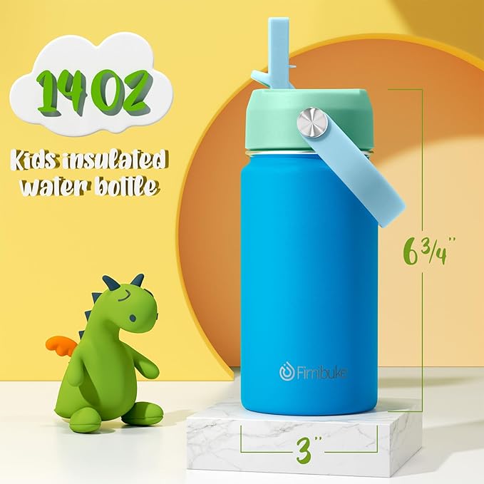 Fimibuke Kids Insulated Water Bottle, 14oz BPA FREE 18/8 Stainless Steel Travel Tumbler Double Wall Vacuum Leak Proof Kids Cup with Straw Metal Water Bottle for School Boys Girls(1 Pack, Pool)