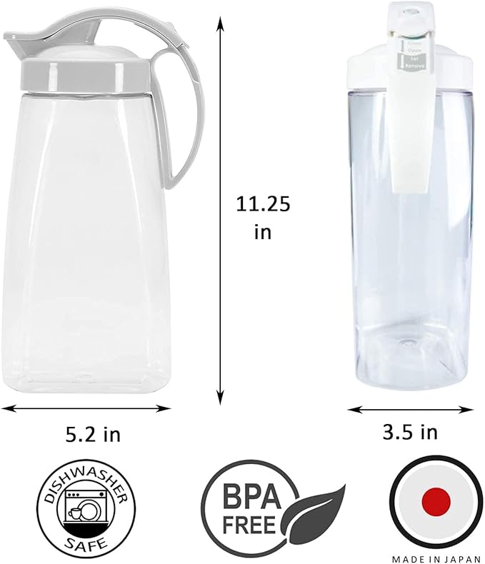High Heat Resistant 2.3 QT One-touch Airtight Water Pitcher Set with Lid for Coffee, Tea, Other Hot or Cold Beverages Quickpour Jug, Leak Proof & Space Saving, Dishwasher Safe, Made in Japan (SET)