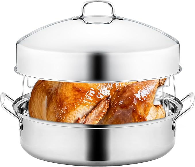 QPMR 22" Stainless Steel Roasting Pan with Lid and Rack,25LB Capacity,Large Roaster Pan for Oven,Nonstick Roasting Pan for Turkey,Chicken,Gifts for Mom,Wife