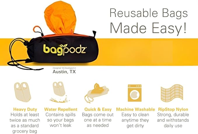 Sturdy Reusable Grocery Bags Foldable and Washable - Made From RipStop Nylon Hold 50lbs - Designed in USA Reusable Shopping Bags Inside a Compact Pod with Carry Clip - 5 Pack in Orange