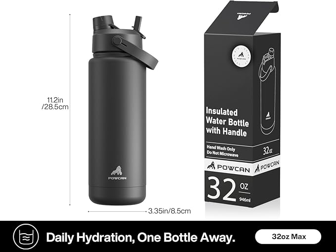POWCAN 32 oz Insulated Water Bottle with 2-in-1 Straw and Spout Lid, Keep Cold 24H, Leak-Proof, BPA-Free, Double Wall Stainless Steel Water Bottle for Sports, Gym, Travel and School (Gilded Flutter)