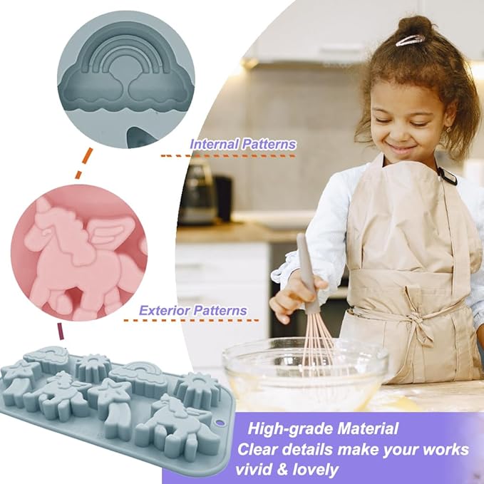 2 Pack Unicorn Molds Silicone 8 Cavity 3D Flying Unicorn Themed Baking Mould Tray with Cartoon Rainbow Meteors Sun for Kids' Party Chocolate Cake Topper Dessert Mousse Pastry Handmade Soap Crayons