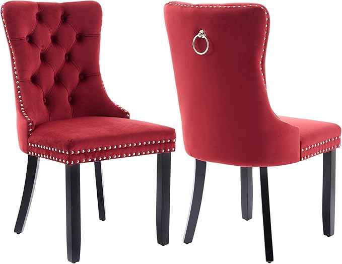 Velvet Dining Chairs Set of 2, Upholstered Dining Room Chairs with Back Ring Pull Trim and Solid Wood Legs,Tufted Wingback Kitchen Chairs for Dining Room,Kitchen(Wine Red)