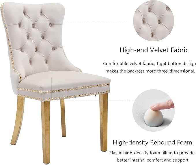 Beige Velvet Dining Chairs Set of 6, Upholstered Dining Room Chairs with Back Ring Pull Trim and Golden Stainless Steel Legs,Modern Kitchen Chairs for Dining Room,Living Room,Kitchen(Beige)