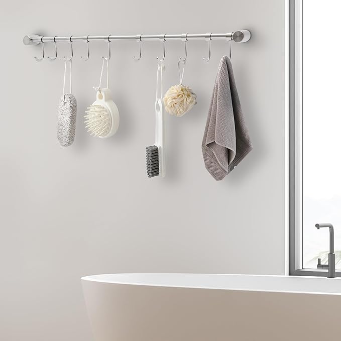 Kitchen Hanging Racks 304 Stainless Steel 20 Inch Rail Utensil Storage Hanger with 10 Pcs Noiseless Sliding Hooks, Wall Mounted Rod Holder for Pots Pan Spatula Spoon Cookware Mug Cup (Silver)