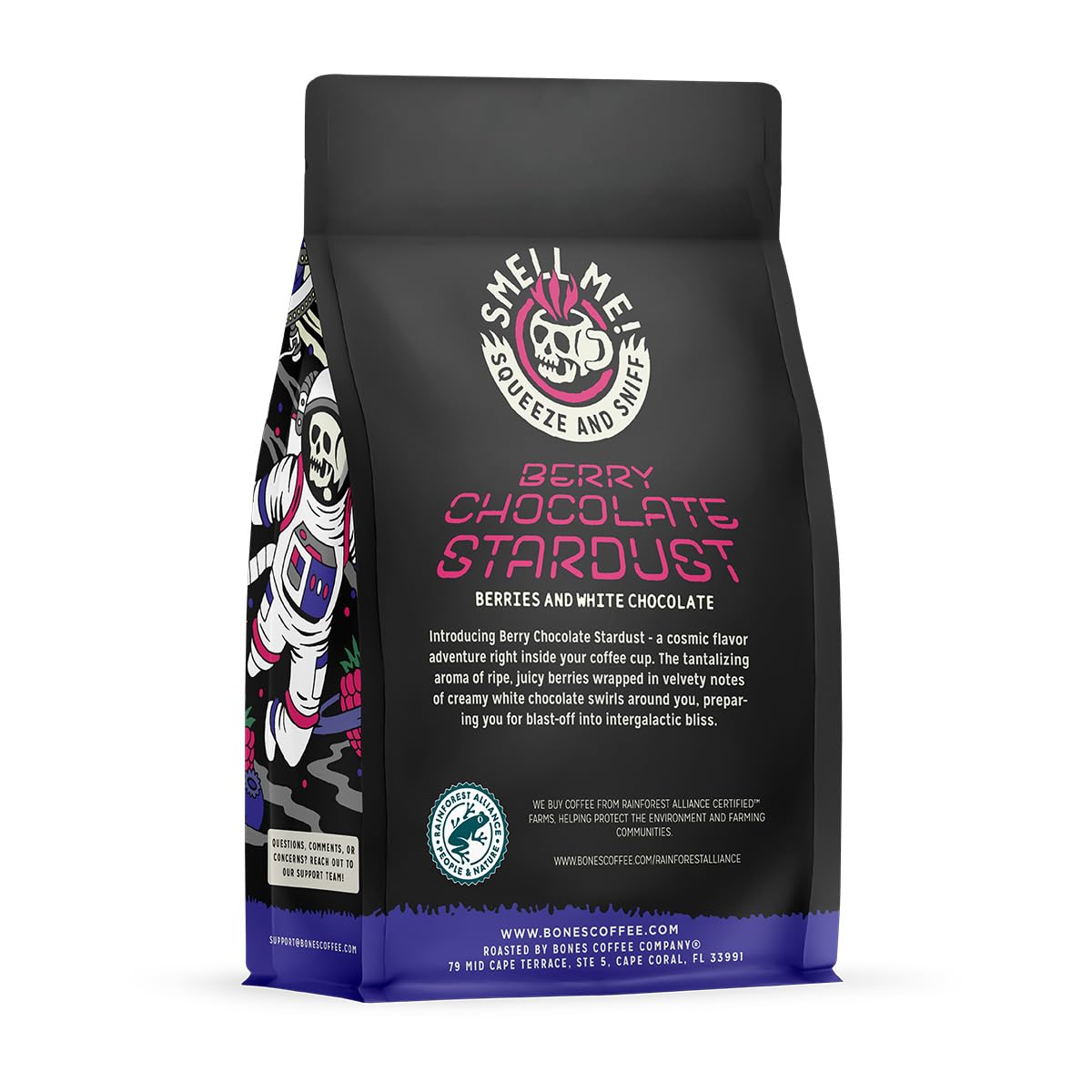 Bones Coffee Company Berry Chocolate Stardust, Berries and White Chocolate Flavored Coffee, Medium Roast Low Acid Arabica Beans For Auto drip and French Press Coffee Maker, 12 Oz Whole Bean