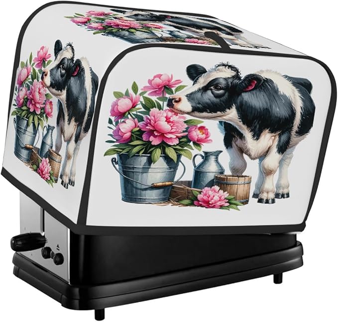 Animal Cow Pink Flower Toaster Cover 4 Slice Dust and Fingerprint Protection Toaster Bread Maker Covers Washable Kitchen Small Appliance Covers for Kitchen Accessories Decor Bakeware Women Gift