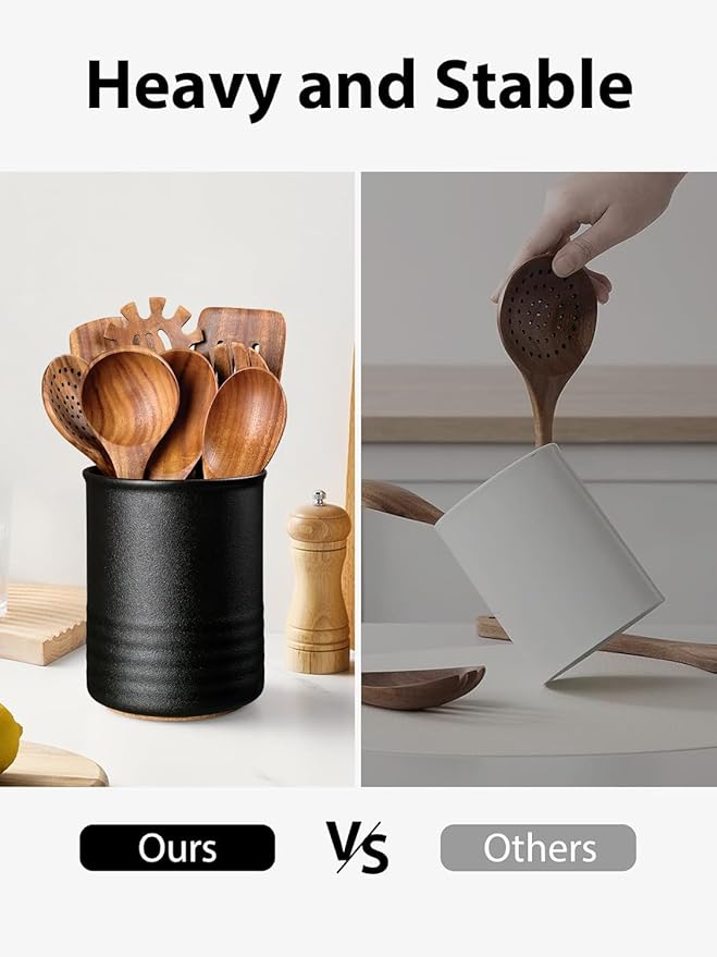 Utensil Holder, 6.7" Ceramic Kitchen Utensil Crock for Countertop Cooking, Modern Utensil Caddy Jar Organizer for Farmhouse Kitchen Counter Décor, Matte Black