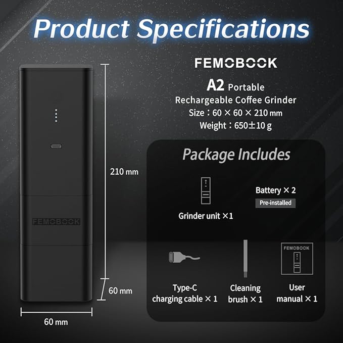 Femobook-A2 Portable Electric Coffee Grinder, Cordless Burr Grinder USB Rechargeable Coffee Grinder Magnetic Grounds Cup Travel & Home Brewing, Black